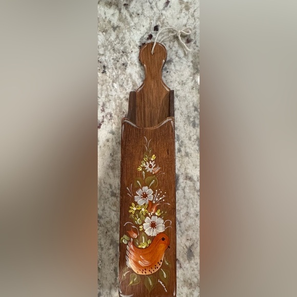 Vintage Long Matchstick Holder Wall mounted wood with tole painting - Picture 1 of 10